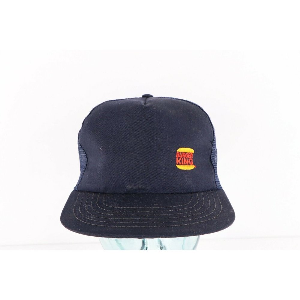 Vintage 90s Burger King Spell Out Mesh Trucker Hat Cap Snapback Navy Blue USA - Picture 1 of 8